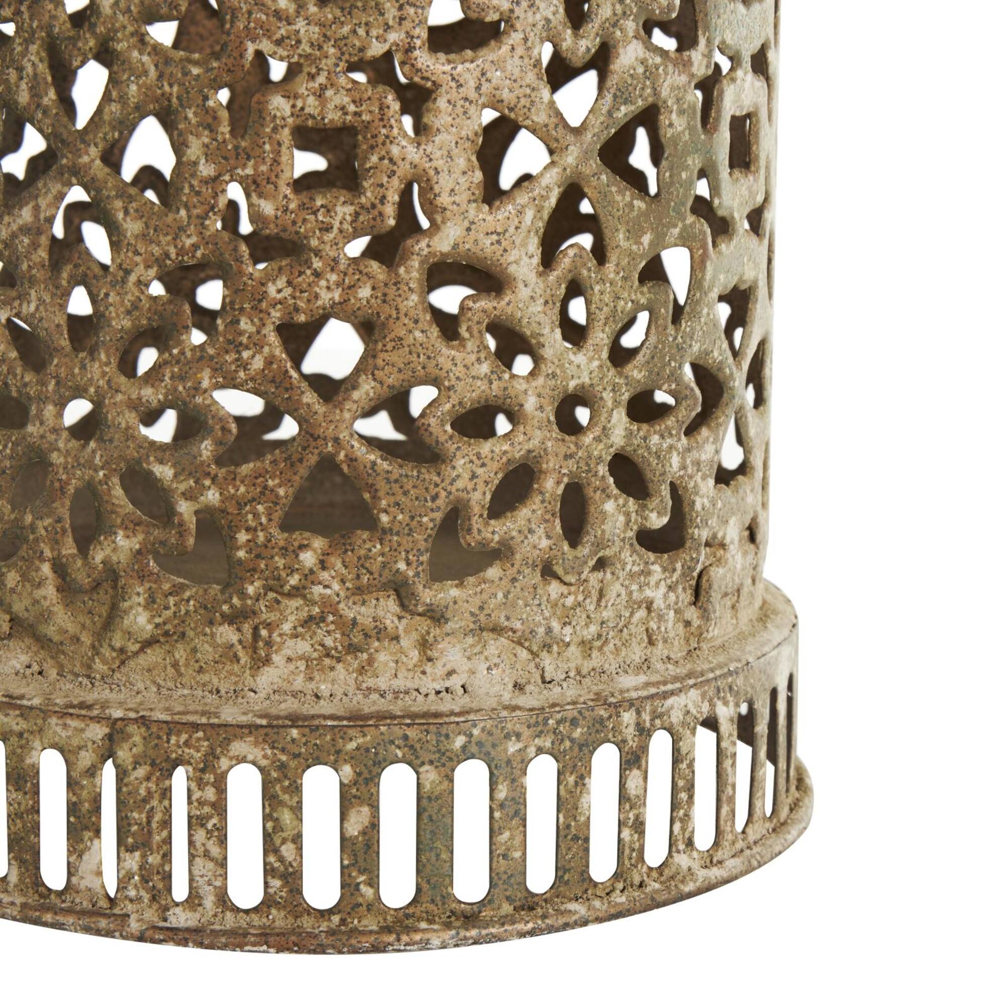 Brown Distressed Ornate Floral Candle Lantern Set